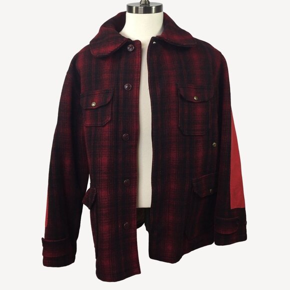 Vintage 1940s Mens Woolrich Mackinaw Red Black Plaid Jacket Hunting Wool Size 46 - Picture 2 of 15